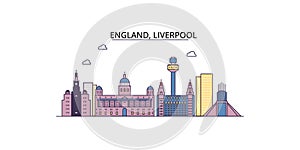 United Kingdom, Liverpool tourism landmarks, vector city travel illustration