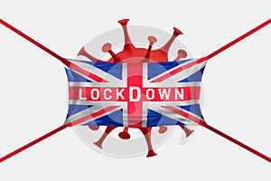 United Kingdom Lockdown. UK flag shaped like a medical mask with lockdown warning. Danger of a new strain of coronavirus - VUI