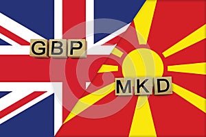 United Kingdom and Macedonia currencies codes on national flags background