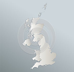 United Kingdom map, administrative division, blue white card paper 3D, blank