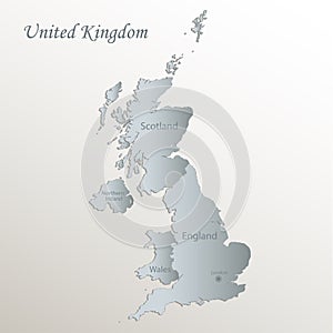 United Kingdom map, administrative division with names, white blue card paper 3D