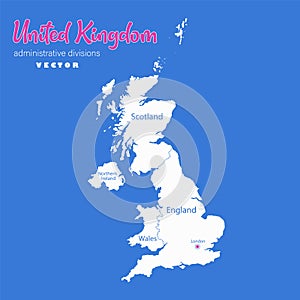 United Kingdom map, administrative divisions whit names regions, blue background