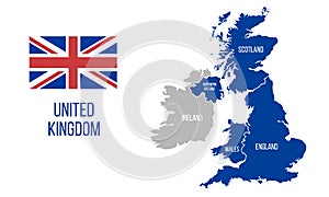 United Kingdom map. England, Scotland, Wales, Northern Ireland. Vector Great Britain map wit UK flag isolated on white background.