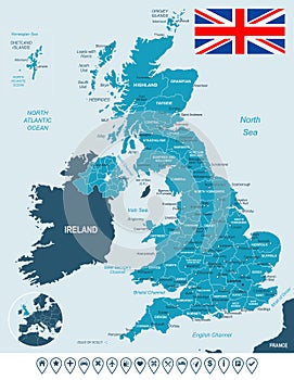 United Kingdom map, flag and navigation labels - illustration.