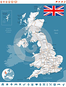 United Kingdom map, flag, navigation labels, roads - illustration. Steel blue.