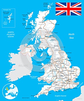 United Kingdom map, flag, roads - illustration.