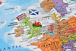 United kingdom map, flags of England, Scotland, Wales, brexit concept