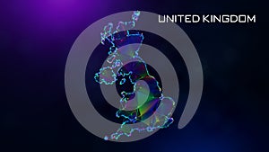 United Kingdom Map Polygonal Blue Purple Colorful Connected Lines Dots And Facet Wireframe Network With Text On Hazy Flare Bokeh