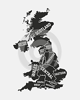 United Kingdom map. Poster map of UK with country and regions names. United Kingdom background. Vector illustration