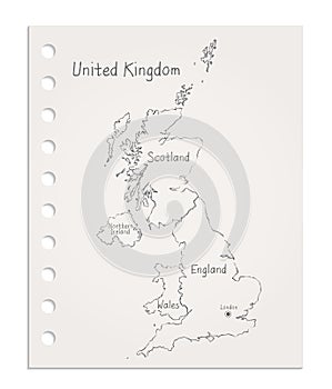 United Kingdom map on realistic clean sheet of paper torn from block