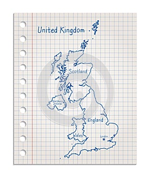 United Kingdom map on a realistic squared sheet of paper torn from a block