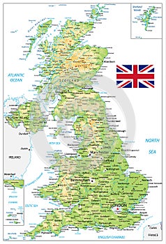 United Kingdom Physical Map with city names on white