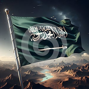 United kingdom of Saudi Arabia KSA Flag with Mountain Background photo