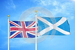 United Kingdom and Scotland two flags on flagpoles and blue cloudy sky