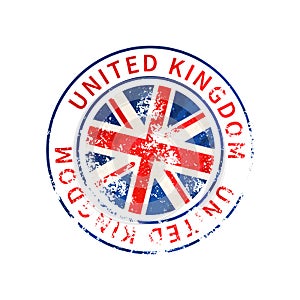 United Kingdom sign, vintage grunge imprint with flag on white photo