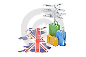 United Kingdom travel concept. British flag on map with suitcase