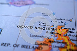 United Kingdom Travel Concept Country Name On The Political World Map Very Macro Close-Up View