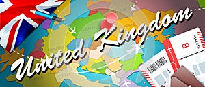 United Kingdom travel concept map background with planes,tickets. Visit United Kingdom travel and tourism destination concept.
