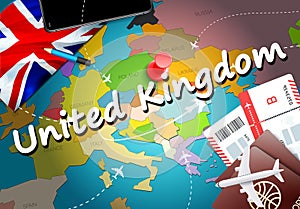 United Kingdom travel concept map background with planes,tickets. Visit United Kingdom travel and tourism destination concept.