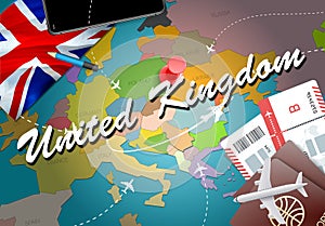 United Kingdom travel concept map background with planes,tickets. Visit United Kingdom travel and tourism destination concept. Un