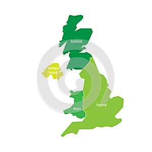 United Kingdom, UK, of Great Britain and Northern Ireland map. Divided to four countries - England, Wales, Scotland and