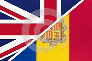 United Kingdom vs Andorra national flag from textile. Relationship between two european countries