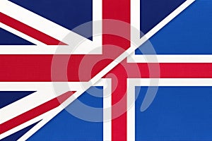 United Kingdom vs Iceland national flag from textile. Relationship between two european countries