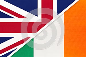 United Kingdom vs Republic of Ireland national flag from textile. Relationship between two european countries