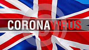 United Kingdom waving flag with Coronavirus Text. Coronavirus hazard and Infection in British flag waving, 3d rendering. Sign of