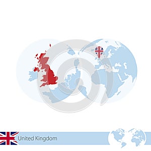 United Kingdom on world globe with flag and regional map of United Kingdom