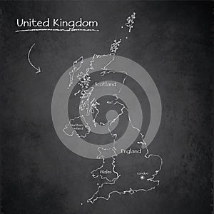 United Kongdom map, separates regions and names, design card blackboard, chalkboard