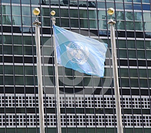 United Nations Flag in the front of UN Headquarter in New York