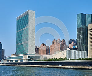 The United Nations Headquarters buildings on the east side of Manhattan, NYC