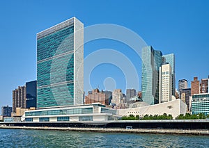 The United Nations Headquarters buildings on the east side of Manhattan, NYC