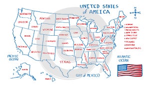 United State of America vector map isolated on white background. Red and Blue line freehand drawing doodle style with name.