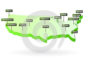 United states 3d map with cities