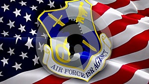 United States Air Force Intelligence, Surveillance and Reconnaissance Agency waving flag. National 3d ARMY flag waving. Sign of US