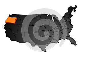 United States of America, 3d black map, with Oregon state highlighted in orange.