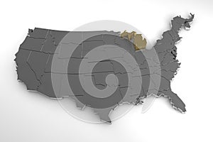 United States of America, 3d metallic map, with Michigan state highlighted.