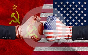 United States of America against USSR boxing gloves, USA vs. USSR concept half flags together