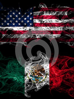 United States of America, America, US, USA, American vs Mexico, Mexican smoky mystic flags placed side by side. Thick colored