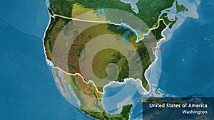United States of America border shape overlay. Glowed. Topograph