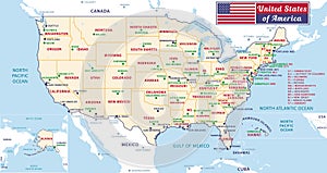 The United States of America. Capital states and major cities map.