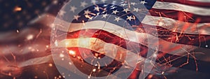 United states of America celebration with sparklers and blurred American Flag On Vintage Background. Concept of Fourth of July,