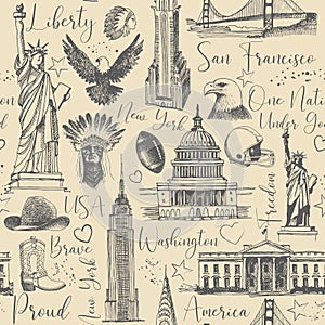 United states of america country theme symbols seamless pattern. Retro sketch background