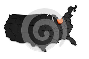 United States of America, 3d black map, with ohio state highlighted in orange. photo