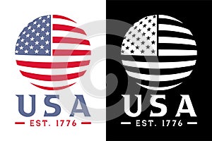 United States of America est. 1776 and flag, USA flag silhouette, USA flag in earth shape vector illustration