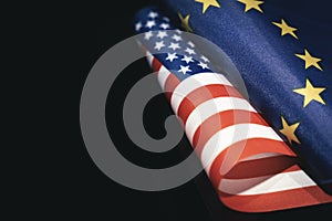 United States of America and European Union flags, concept bilateral relations, friendship or conflict