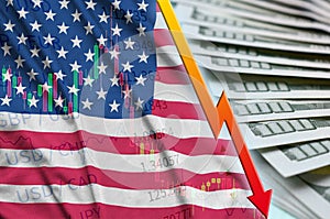 United States of America flag and chart falling US dollar position with a fan of dollar bills