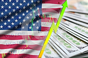 United States of America flag and chart growing US dollar position with a fan of dollar bills